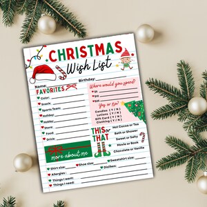Printable Christmas wish list filled out for kids holiday gift ideas activity sheet