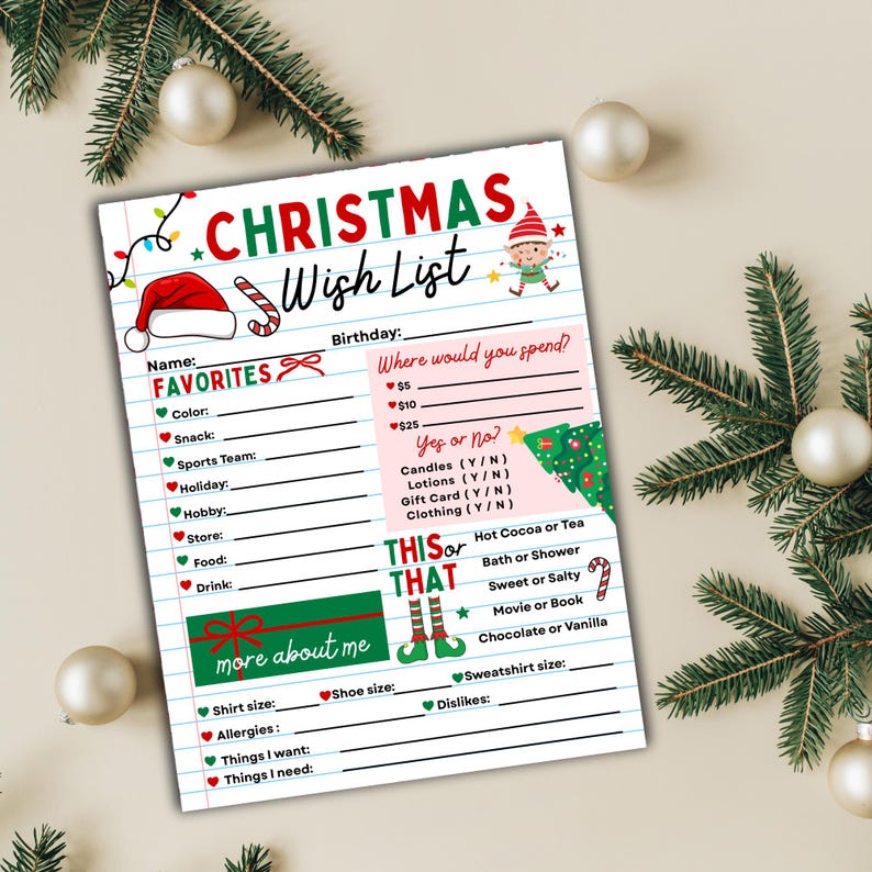 Printable Christmas wish list filled out for kids holiday gift ideas activity sheet