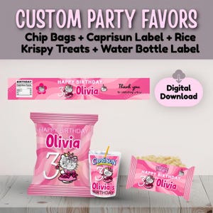 Personalized Birthday Party Favor Labels | Custom Chip Bag Capri Sun Water Bottle Labels | Printable Party Bundle | Kawaii Pink Kitty Theme