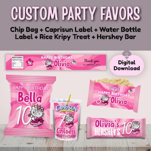 Pode incluir: Lembrancinhas de festa rosa personalizadas com o tema Hello Kitty. Inclui sacos de batatas fritas, rótulos Capri Sun, rótulos de garrafas de água, guloseimas Rice Krispy e barras Hershey. O texto inclui "Feliz Aniversário" e nomes como "Olivia".