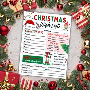 Festive Christmas printable wish list with candy canes and elf theme digital download