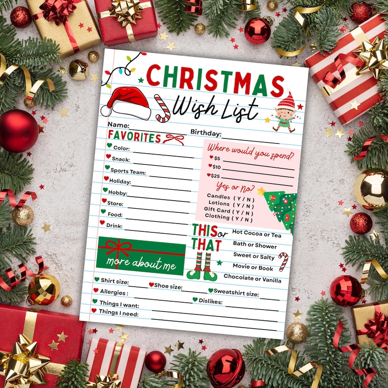 Festive Christmas printable wish list with candy canes and elf theme digital download