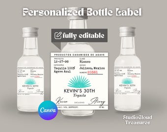 May include: Three clear tequila bottles with silver caps and personalized labels. The labels feature text that reads "KEVIN'S 30TH Tequila" and "fully editable". The labels also include a blue agave design and the text "50 ml".