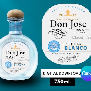 May include: A clear glass bottle of Don Jose Tequila Blanco with a wooden stopper. The label reads "100% de Agave" and "40% alc/vol 750ml." The bottle is next to a white label with the text "Hecho en Mexico."