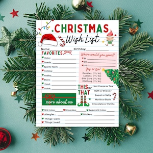 Op de afbeelding: Een afdrukbare kerstwensenlijst op gelijnd papier, met een rode kerstmuts, een zuurstok en een elf-afbeelding. De lijst bevat secties voor favorieten, verjaardag en cadeauvoorkeuren, met invulopdrachten. Feestelijk ontwerp met groene en rode accenten.
