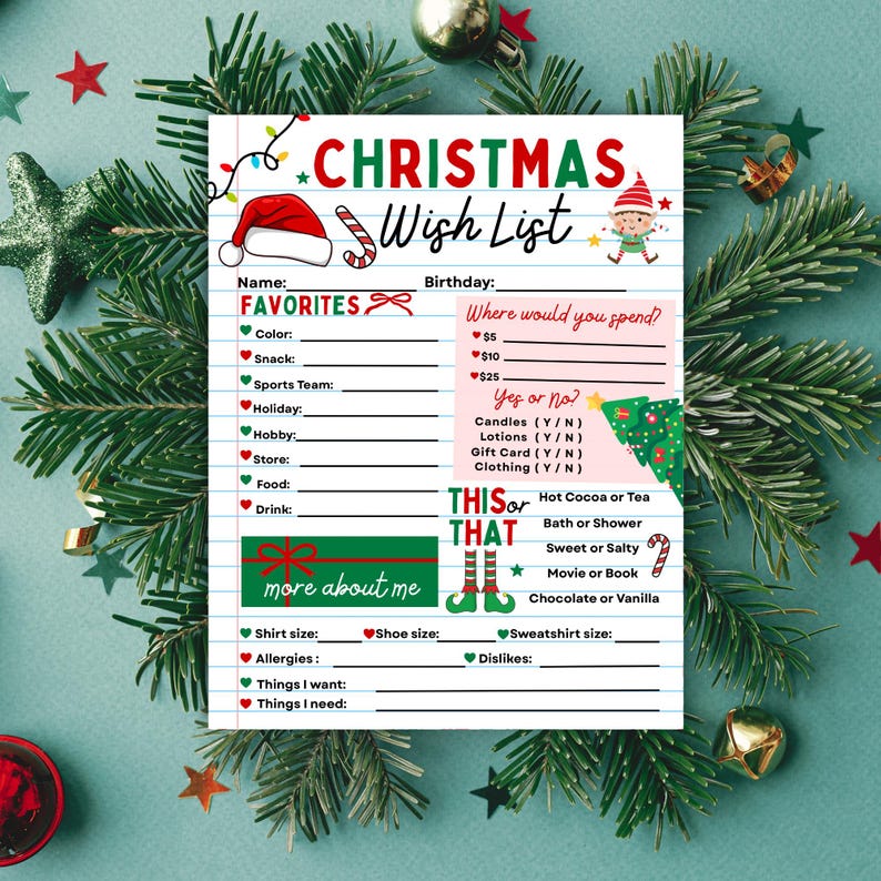 Op de afbeelding: Een afdrukbare kerstwensenlijst op gelijnd papier, met een rode kerstmuts, een zuurstok en een elf-afbeelding. De lijst bevat secties voor favorieten, verjaardag en cadeauvoorkeuren, met invulopdrachten. Feestelijk ontwerp met groene en rode accenten.