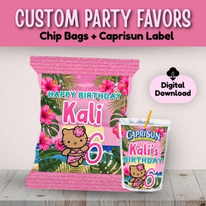May include: Pink custom party favour set with a chip bag and Capri Sun label. The chip bag and Capri Sun label feature a Hello Kitty design, the name "Kali", and the number "6". The chip bag has a tropical floral design and the text "Happy Birthday".