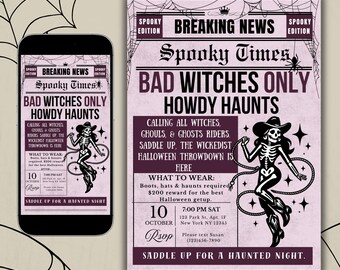 Halloween Party Invitation Template, Editable Canva Invitation, Spooky Cowboy Witch Invite, Western Halloween Party, Skeleton Witch Invite,