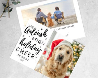 Op de afbeelding: Kerstkaarten met familiefoto's. Eén kaart toont een hond met een kerstmuts, een andere een strandscène en een derde met de tekst "Unleash the holiday cheer" en "The Kravis's 20XX".