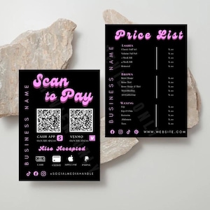 Bewerkbare roze en zwarte prijslijstsjabloon: wimpers, wenkbrauwen, salonservices (digitale download)