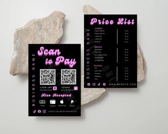 Redigerbar rosa och svart prislistamall: Fransar, Bryn, Salongsbehandlingar (digital nedladdning)