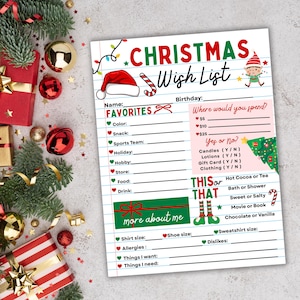 Op de afbeelding: Een afdrukbaar kerst-verlanglijstje met een feestelijk ontwerp. De lijst bevat secties voor favorieten, verjaardag en cadeauvoorkeuren. De bovenkant bevat de tekst "Christmas Wish List" in rood en groen, met een kerstmuts en een zuurstokillustratie.