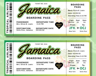 Carta d'imbarco modificabile per il viaggio in Giamaica / Presentazione della vacanza a sorpresa (stampabile con Canva)