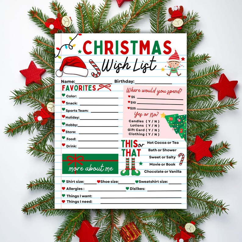 Op de afbeelding: Een afdrukbare kerstwensenlijst op wit papier, versierd met feestelijke afbeeldingen en tekst. De lijst bevat secties voor favorieten, cadeau-idee&euml;n en voorkeuren, omringd door kerstversieringen.
