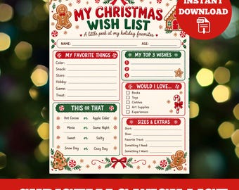 Op de afbeelding: Een crèmekleurige, printbare kerstverlanglijst met rode en groene tekst, peperkoekmannetjes, zuurstokken en sneeuwvlokken. Secties: My Favorite Things, My Top 3 Wishes, This or That, Would I Love en Sizes & Extras.
