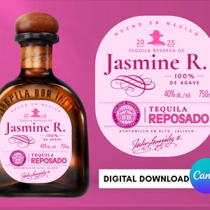 May include: A brown glass tequila bottle with a wooden stopper and a pink label. The label reads "Jasmine R. Tequila Reposado" and includes text indicating 40% alcohol content and 750ml. A separate pink label is also visible.
