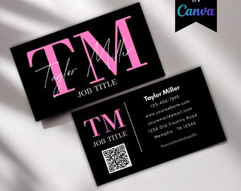 Plantilla moderna de tarjeta de presentación en negro y rosa / Tarjeta de presentación editable en Canva / Tarjeta de marca femenina / Descarga instantánea / Marca para pequeñas empresas