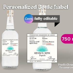 Redigerbar tequilaflasketikett 750ml | Anpassad canvas spritetikett | Födelsedag, fest, Casamigos-stil | Utskrivbar direktnedladdning