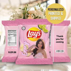 May include: A custom pink Lay's potato chip bag featuring a photo of a person, the name Emery, and a birthday nutrition facts label. The bag includes lime graphics, the text Thank you for coming, and a barcode, with a yellow circle overlay.
