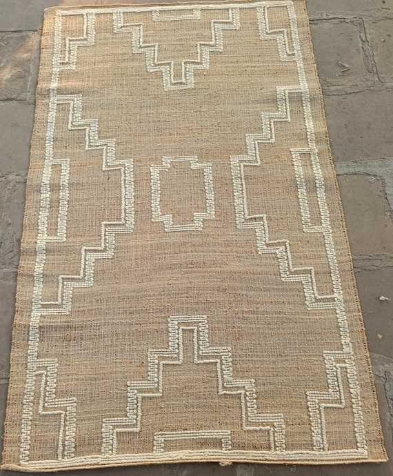 Handwoven Jute Rug with Cotton Embroidery – Rustic Boho Floor Mat, Natural Fiber Home Decor