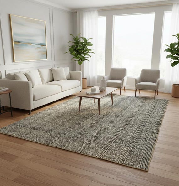 Handwoven Jute Cotton Rug – Neutral Black & Beige Striped Area Rug, Minimal Rustic Boho Natural Fiber Floor rug