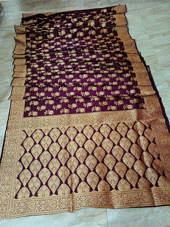 Dark purple traditional banarsi saree with gold zari