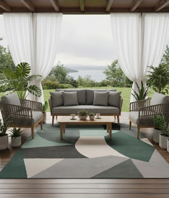 Hand Tufted New Zealand Wool Rug, Modern Geometric Area Rug, Green Abstract Carpet, Contemporary Living Room Rug, Custom Size Floor Rug