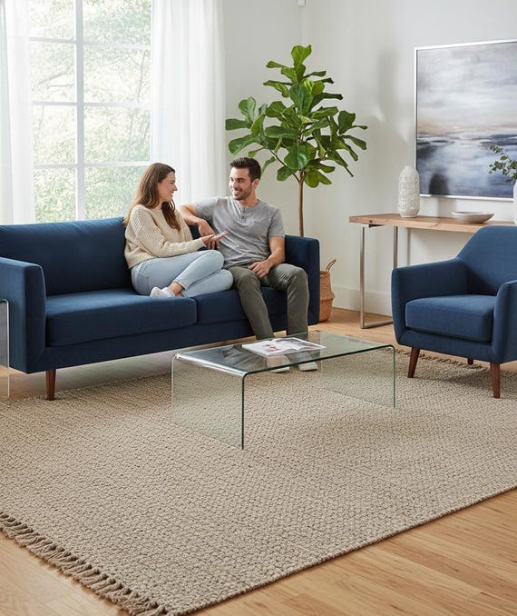 Handwoven Natural Jute Area Rug | Neutral Textured Rug with Fringe | Rustic Farmhouse Boho Rug | Minimalist Eco Home Decor