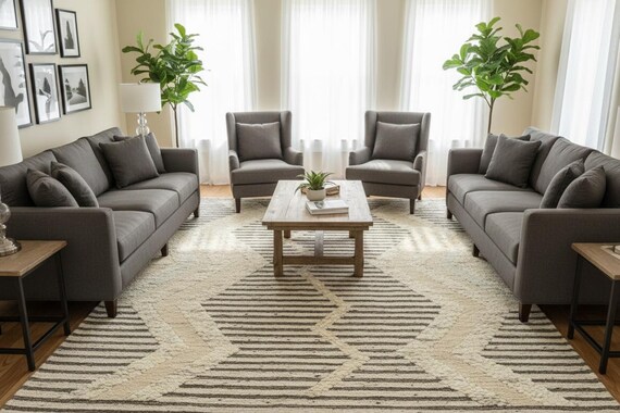 Handmade Soumak Wool Rug: Modern Geometric Design, 5x8