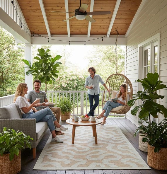 Handwoven Abstract Wool Rug – Modern Organic Pattern Area Rug in Beige & Ivory, Minimalist Home Decor