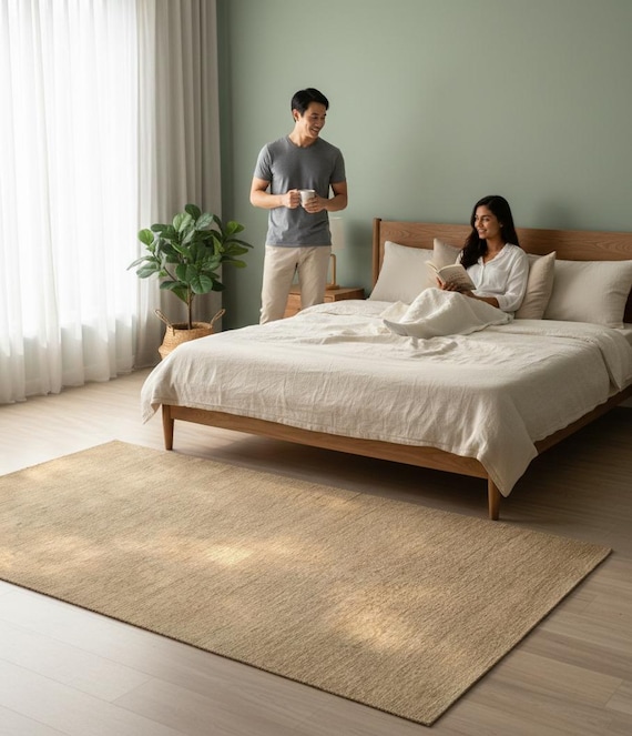 Handwoven Solid natural jute Rug – Minimalist Beige Flatweave Area Rug, Neutral Scandinavian & Modern Home Decor