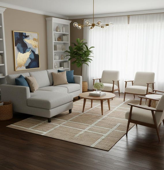 Handwoven Jute Dhurrie Rug – Natural Beige Flatweave  – Rustic Farmhouse Area Rug – Eco Friendly Boho Floor Mat – Geometric Line Pattern Rug