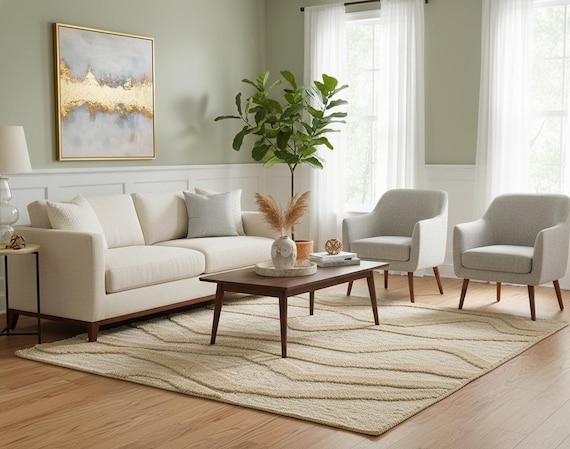 Handwoven Textured Jute Rug – Neutral Beige Wave Pattern Area Rug, Minimalist Boho Natural Fiber Floor rug