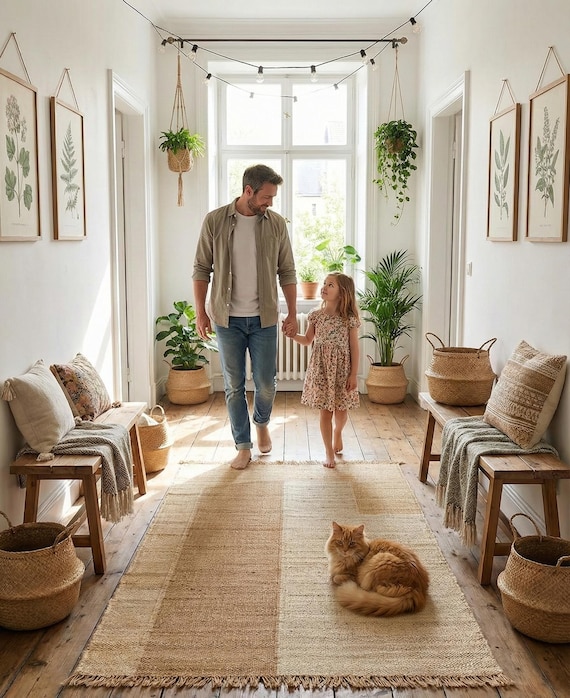 Handwoven Jute Rug, Geometric Dhurrie Design