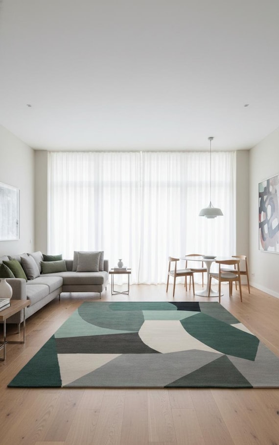 Hand Tufted New Zealand Wool Rug, Modern Geometric Area Rug, Green Abstract Carpet, Contemporary Living Room Rug, Custom Size Floor Rug