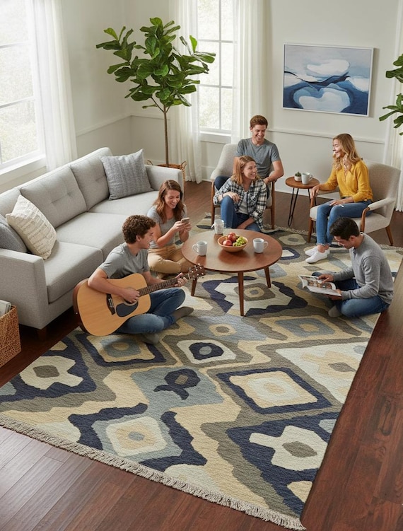 Handwoven Moroccan Geometric Wool Rug – Boho Diamond Pattern Area Rug with Fringe, Neutral Blue & Beige