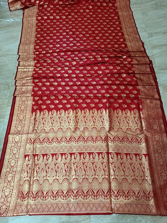 Bright red banarsi satin silk traditional saree with gold zari