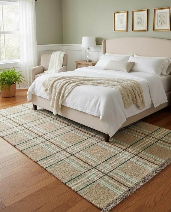 Handwoven Jute Plaid Rug – Neutral Checkered Area Rug with Green & Brown Stripes, Rustic Farmhouse Boho Floor rug