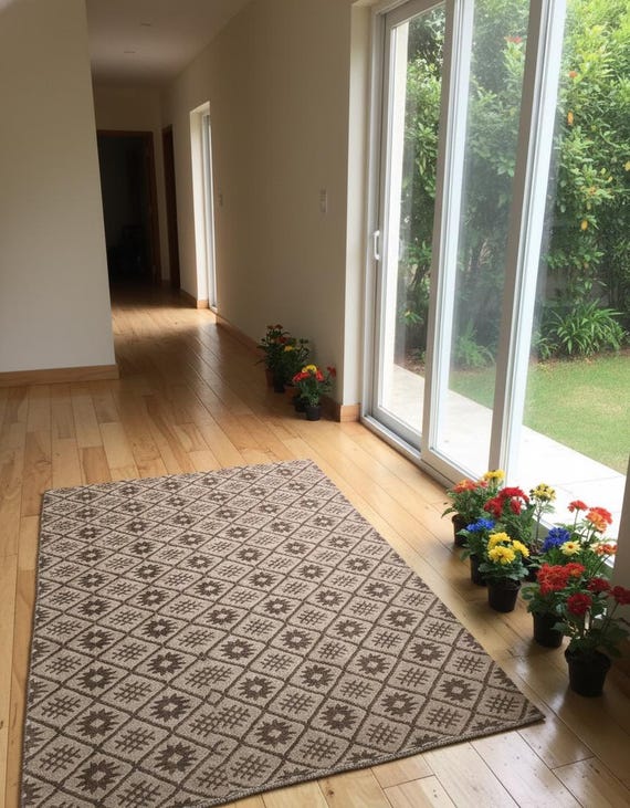 Handwoven newzealand wool Rug, Tribal Diamond Area Rug, Neutral Brown Geometric Flatweave Carpet, Boho Rustic Home Decor