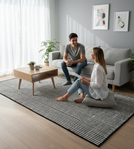 Handwoven Black & Ivory Wool Rug – Minimalist Striped Flatweave, Textured Modern Kilim Area Rug