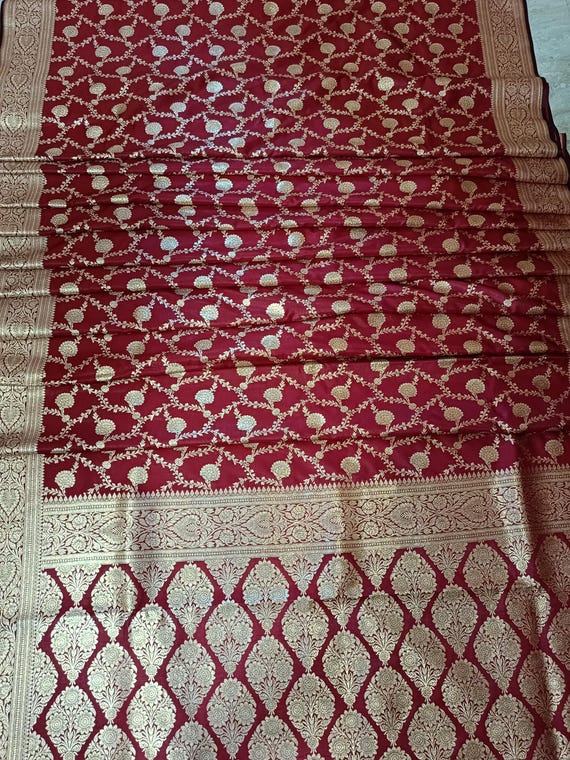 Bright red banarsi satin silk traditional saree with zari