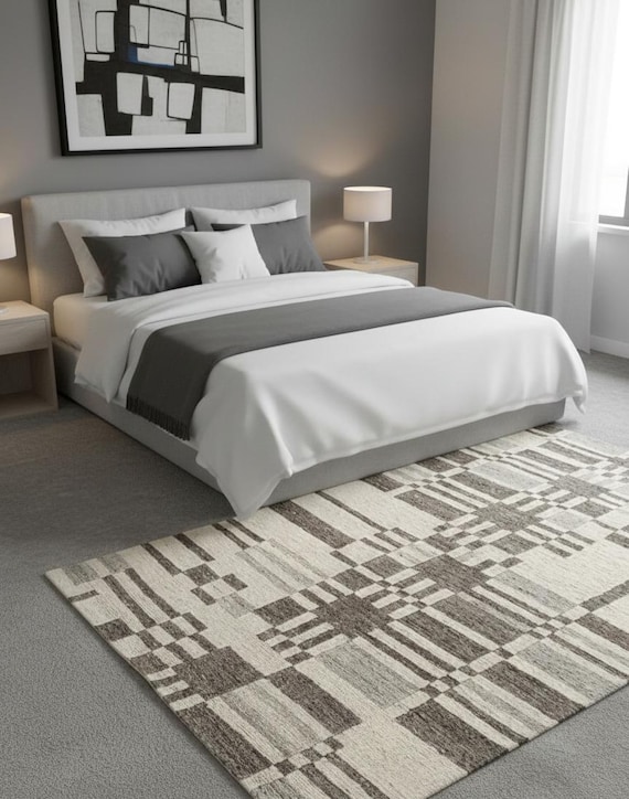 Handwoven Wool Rug, Modern Abstract Geometric Area Rug, Neutral Plaid Flatweave Carpet, Scandinavian Boho Home Decor
