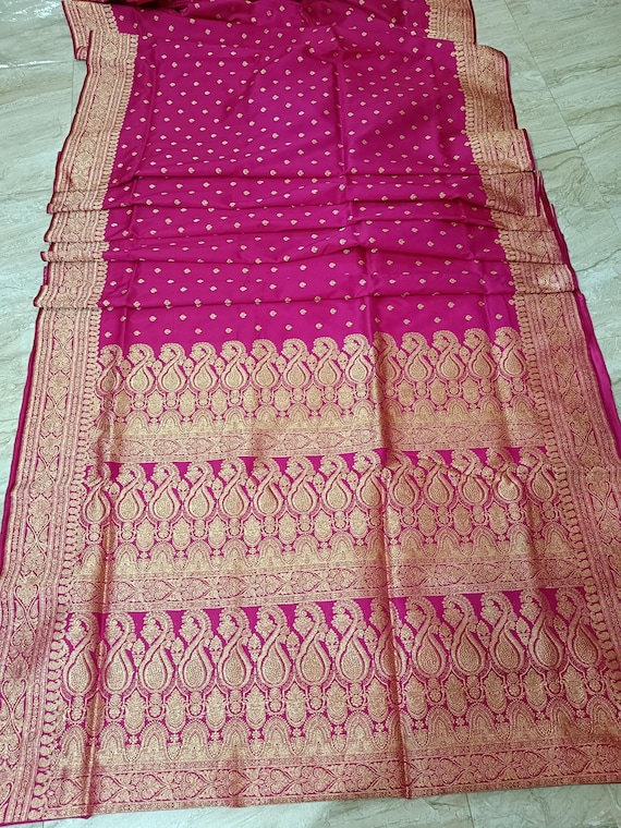 Pink traditional banarsi silk saree with gold zari weave