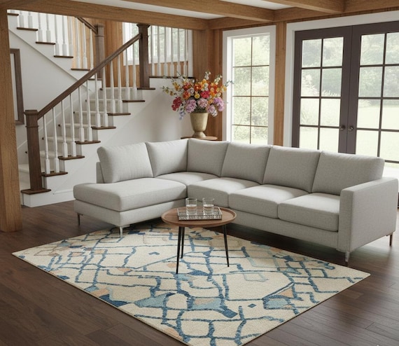 Handwoven marino wool, Blue Ivory Abstract Geometric Area Rug, Modern Tribal Flatweave Carpet, Boho Scandinavian Decor