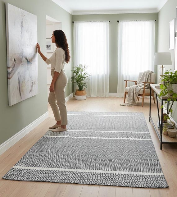 Handwoven Wool & Cotton Dharrie Rug: Modern Living Room Decor