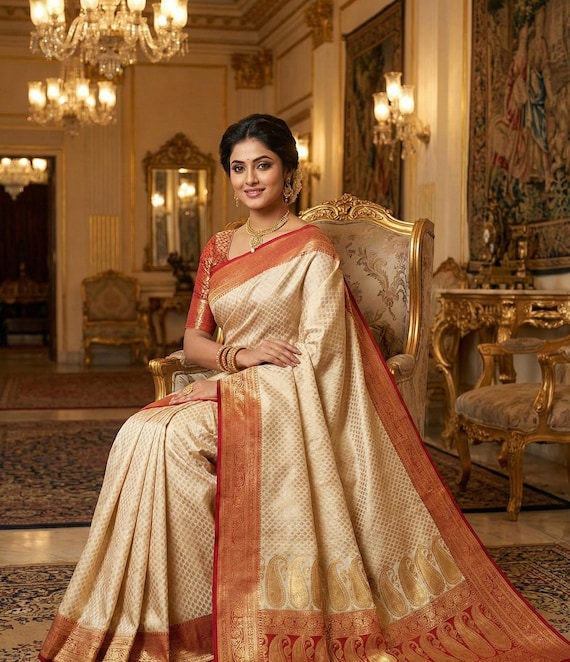 Ivory Gold Banarasi Silk Saree with Red Border | Handwoven Indian Wedding Saree | Traditional Zari Work Party Wear