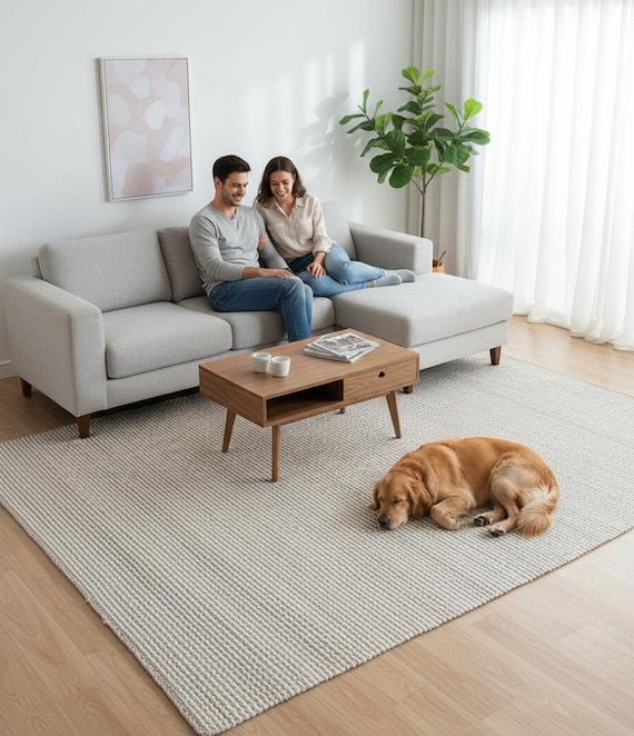 Neutral Flat Weave Area Rug | Natural Beige Striped Rug | Minimalist Woven Rug | Scandinavian Farmhouse Home Decor | Living Room Rug