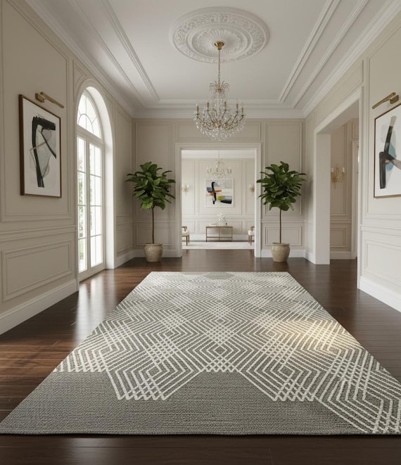 Handwoven Geometric Jute Rug | Neutral Grey & Ivory Diamond Pattern Flatweave Rug | Modern Boho Natural Fiber Area Rug