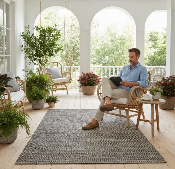 Handwoven Neutral Wool Rug – Textured Flatweave Area Rug in Natural Brown & Gray, Minimalist Home Decor