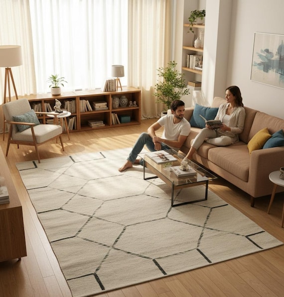 Handwoven Moroccan Kilim Rug – Minimalist Geometric Flatweave, Neutral Cream Wool Area Rug, Modern Berber Style